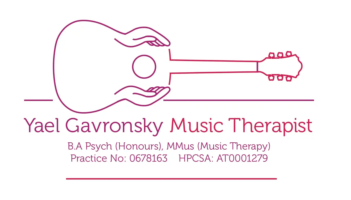 Yael Gavronsky Music Therapist business card. B.A Psych (Honours), MMus (Music Therapy). Practice No: 0678163. HPCSA: AT0001279